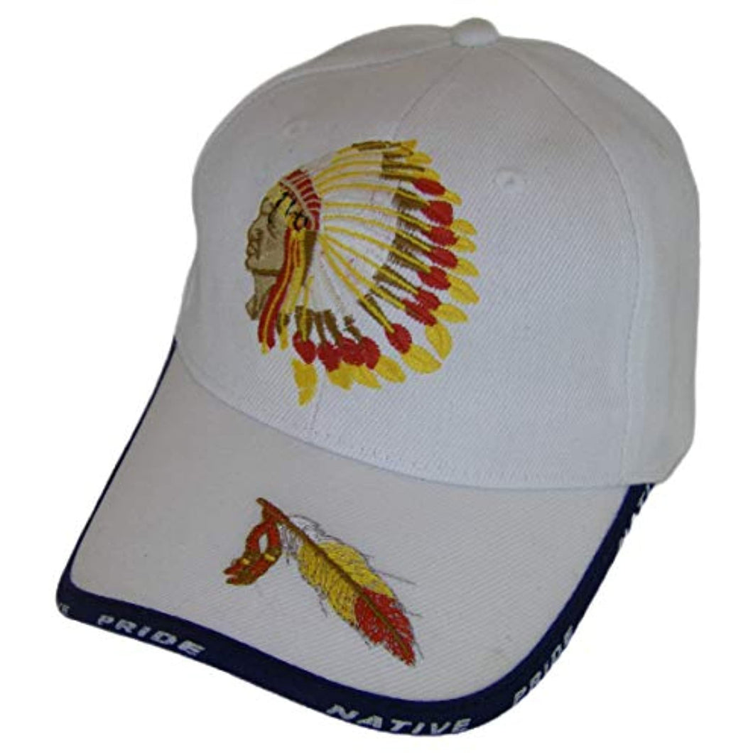 Native Pride Chieftan and Feather Adjustable Baseball Cap (White)