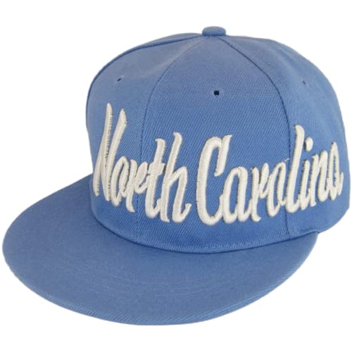 North Carolina Offset Cursive Writing Snapback Baseball Cap (Light Blue/White)