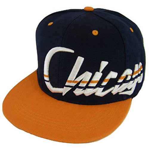 Chicago Offset Jagged Script Men's Adjustable Snapback Baseball Cap (Navy/Orange)