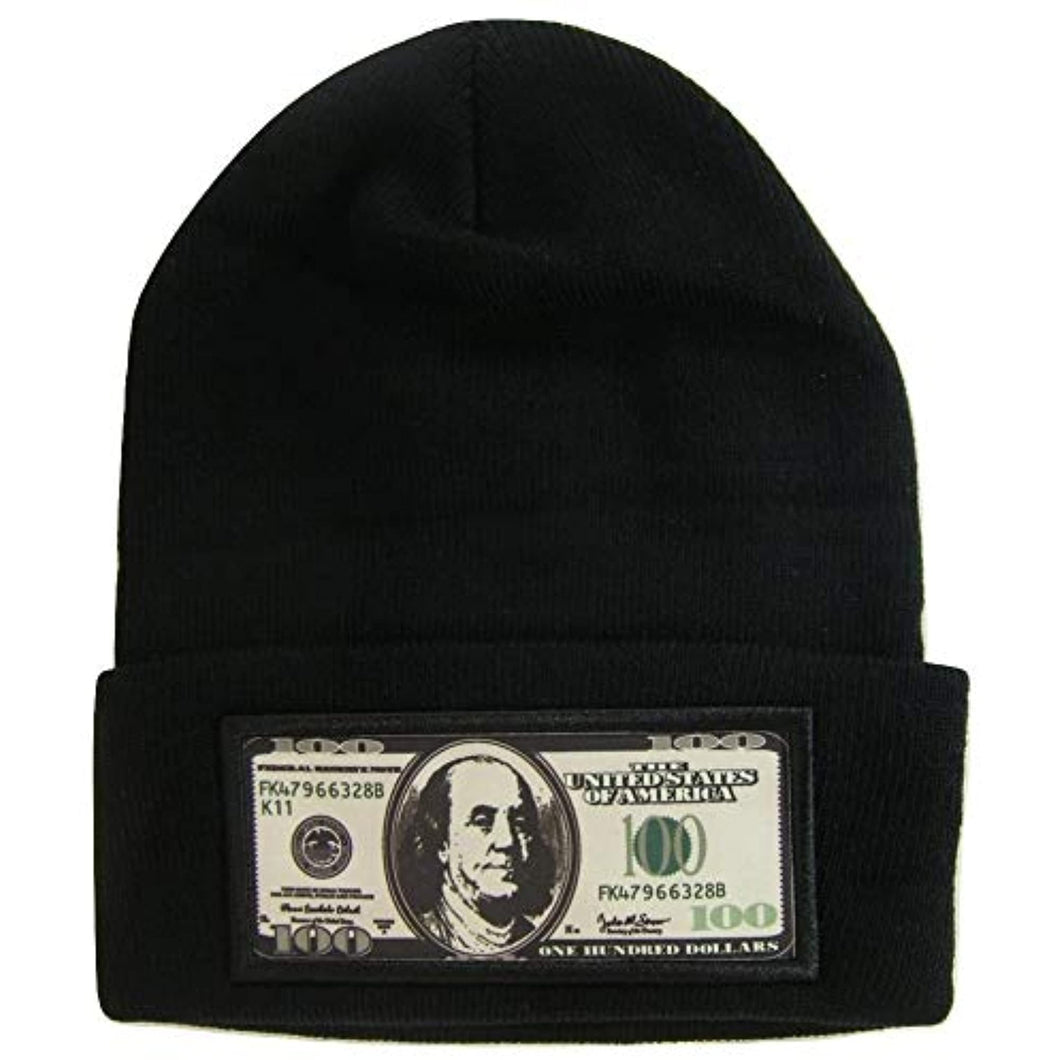 $100 Dollar Bill Ben Franklin Adult Size Winter Knit Cuffed Beanie Hat (Black)