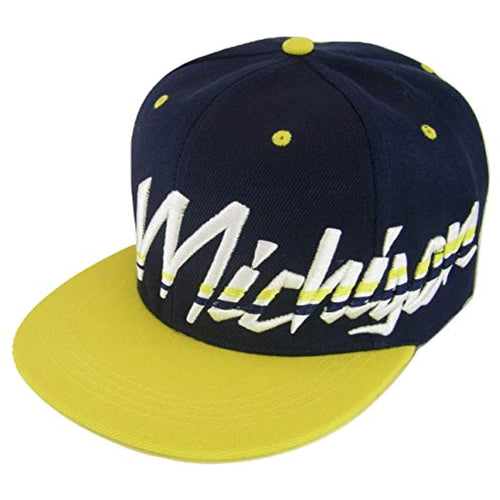 Michigan Offset Jagged Script Men's Adjustable Snapback Baseball Cap (Navy/Gold)