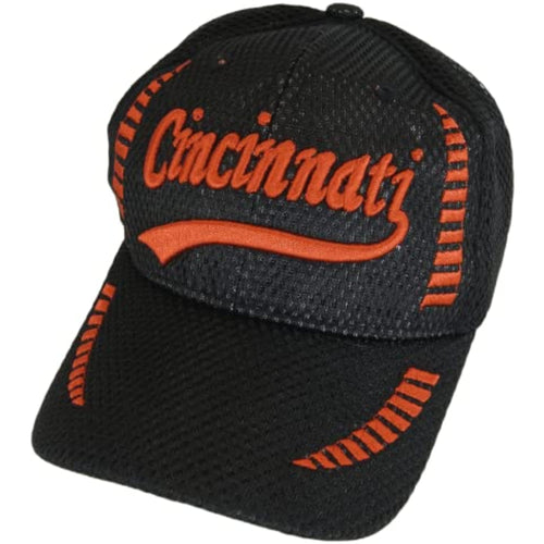 Cincinnati Men's Summer Mesh Adjustable Baseball Cap (Black/Red Script)