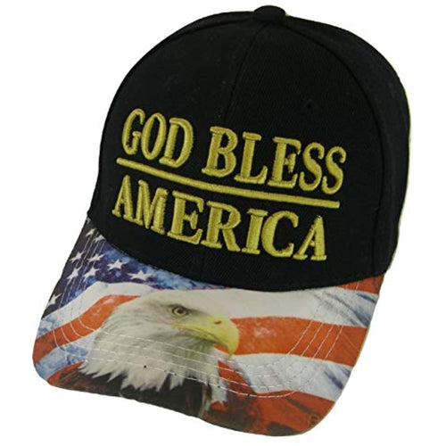 God Bless America Flag and Eagle Brim Patriotic Adjustable Baseball Cap (Black)