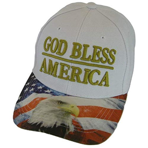 God Bless America Flag and Eagle Brim Patriotic Adjustable Baseball Cap (White)