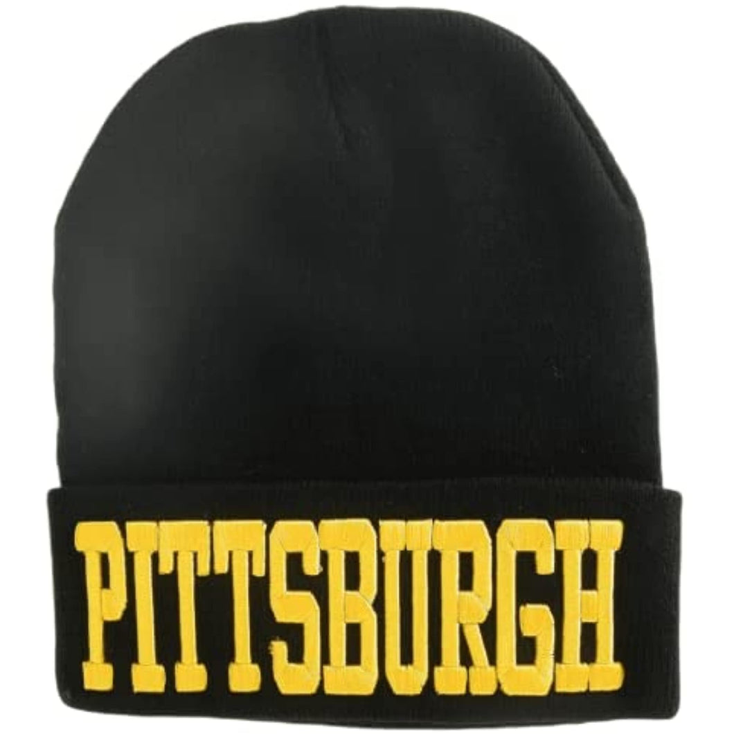 Pittsburgh Adult Size Winter Knit Cuffed Beanie Hat (Black)