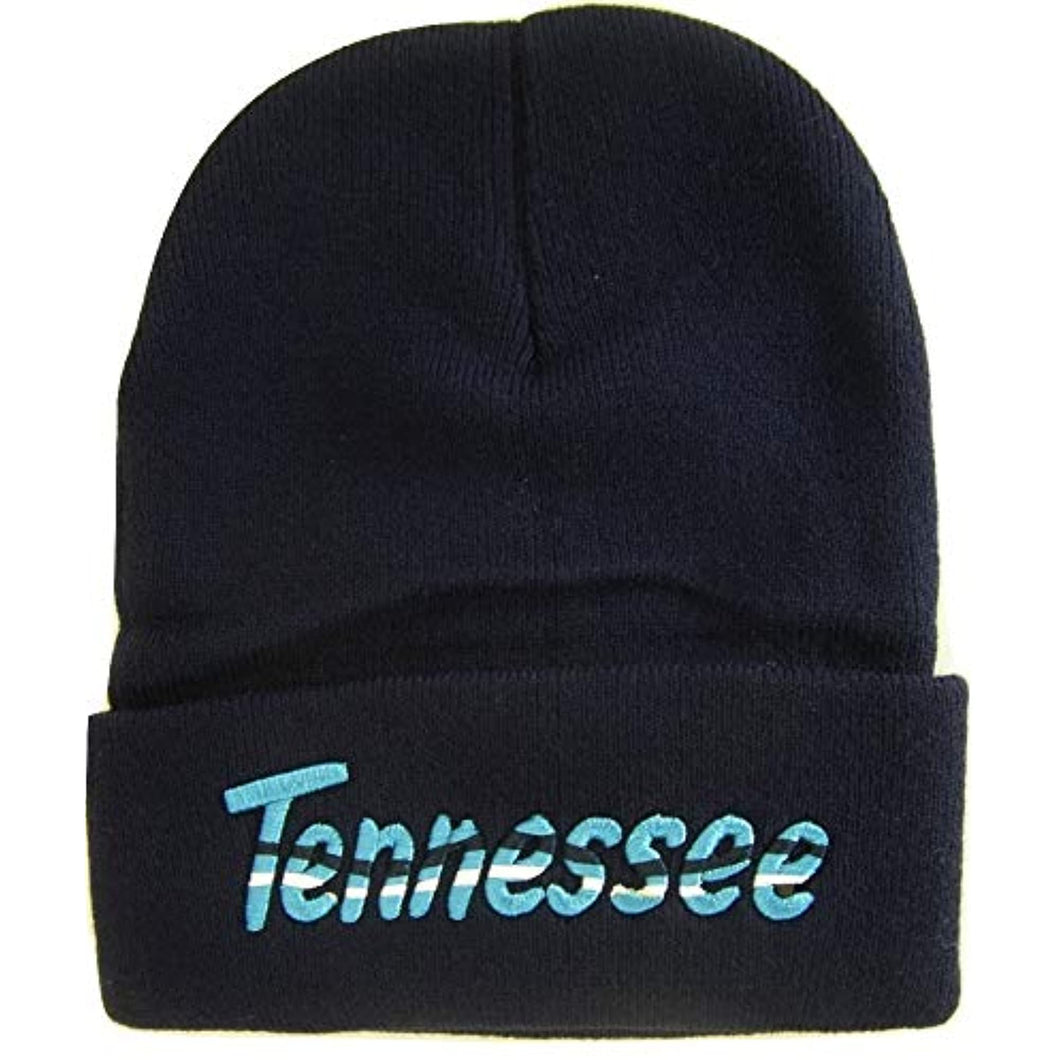 Tennessee Adult Size Wavy Script Winter Knit Beanie Hat (Dark Blue)