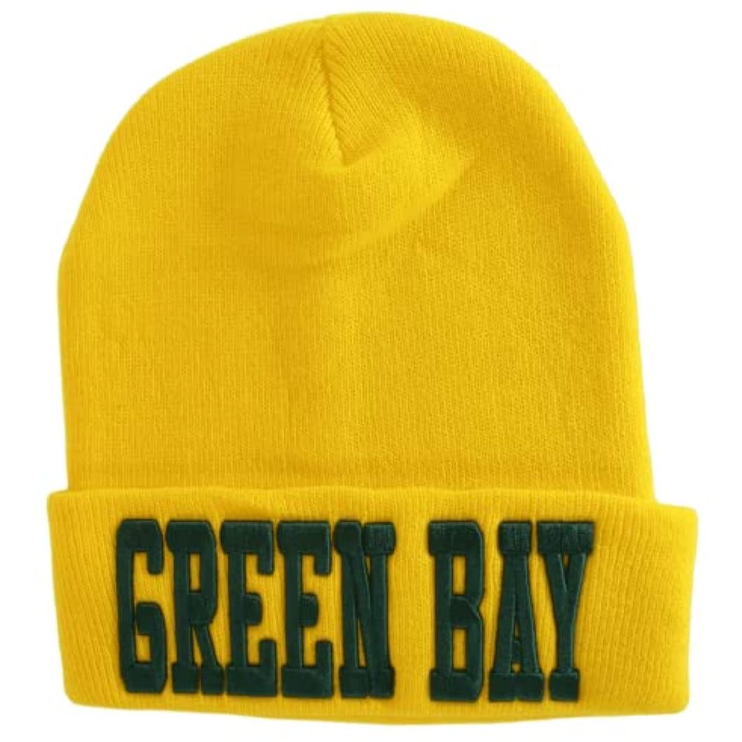 Green Bay Adult Size Winter Knit Cuffed Beanie Hat (Gold)