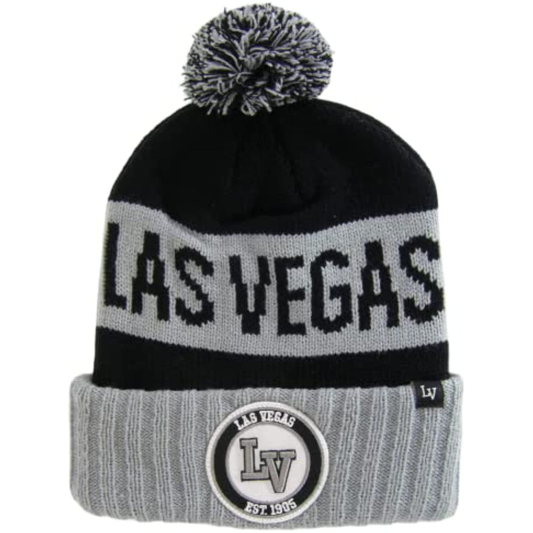 Las Vegas Ribbed Cuff Knit Winter Hat Pom Beanie (Gray/Black)