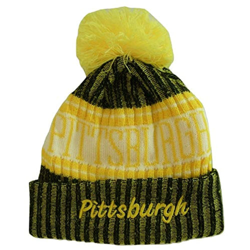 Pittsburgh Plush Lined Embroidered Winter Knit Pom Beanie Hat (Black/Gold Script)