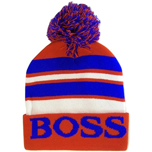 Boss Adult Size Tri-Color Striped Winter Knit Pom Beanie Hats (Red/Royal)