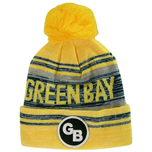 Green Bay GB Patch Fade Out Cuffed Knit Winter Pom Beanie Hat (Gold/Green)