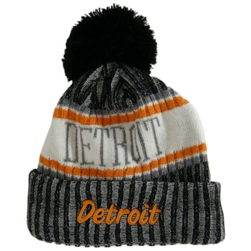 Detroit Plush Lined Embroidered Winter Knit Pom Beanie Hat (Gray)