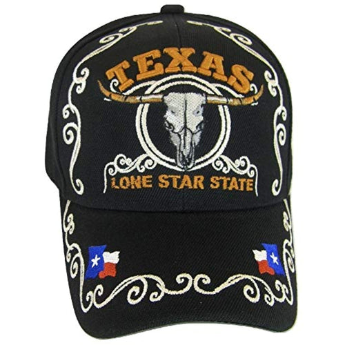 Texas Lone Star State Adjustable Baseball Cap with Flag and Longhorn (Black)