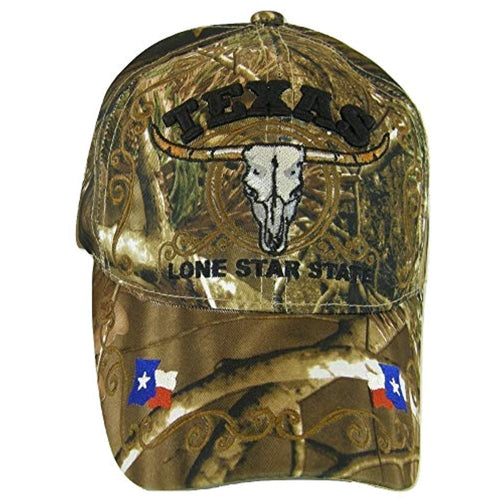 Texas Lone Star State Adjustable Baseball Cap with Flag and Longhorn (Hunting Camo)