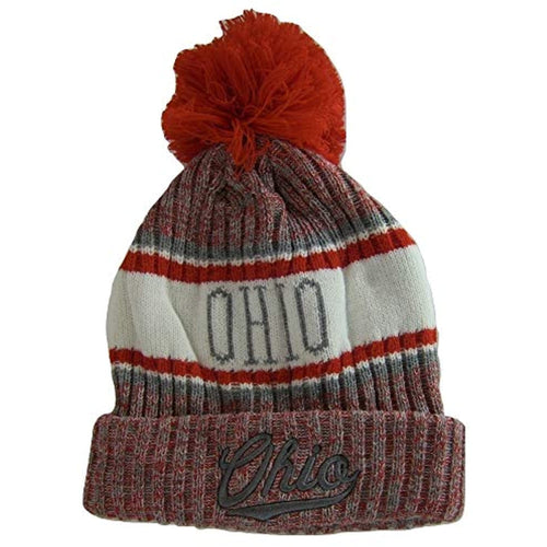 Ohio Plush Lined Embroidered Winter Knit Pom Beanie Hat (Red/Gray/Gray Script)