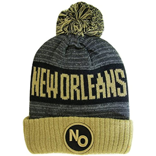 New Orleans NO Patch Ribbed Cuff Knit Winter Hat Pom Beanie (Khaki/Black Patch)