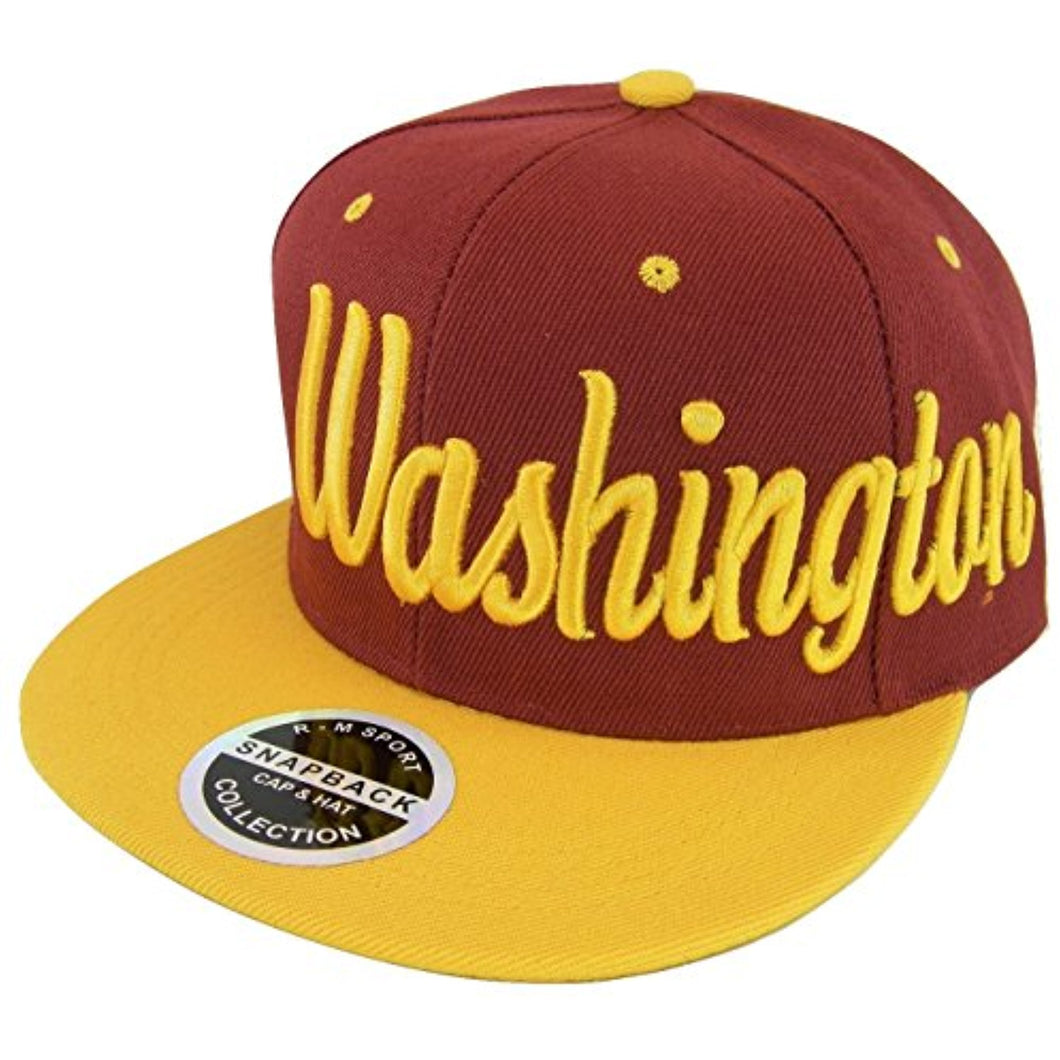 Washington Men's Offset Cursive Script Adjustable Snapback Baseball Cap (Burgundy/Gold)