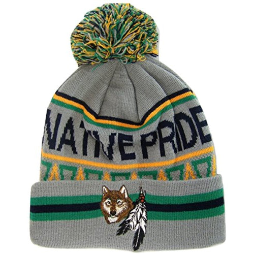 Native Pride Wolf With Feathers Cuffed Knit Winter Hat Pom Beanie (Light Gray)