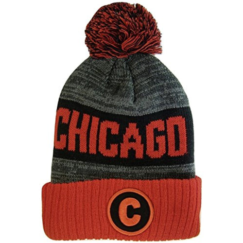 Chicago C Patch Ribbed Cuff Knit Winter Hat Pom Beanie (Red/Black Patch)