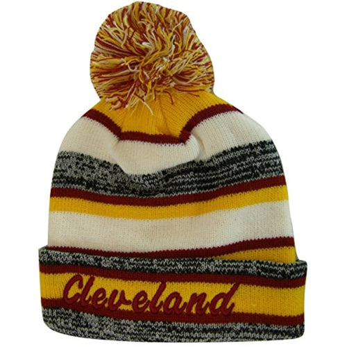 Cleveland 4-Color Embroidered Adult Size Thick Winter Knit Pom Beanie Hat (Wine Script)