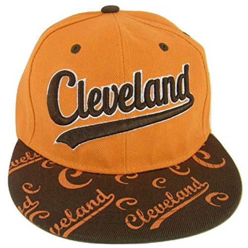 Cleveland Script Print on Bill Adjustable Snapback Baseball Cap (Orange/Brown)