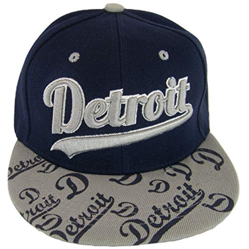 Detroit Script Print on Bill Adjustable Snapback Baseball Cap (Navy/Gray)