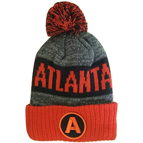 Atlanta A Patch Ribbed Cuff Knit Winter Hat Pom Beanie (Red/Black Patch)