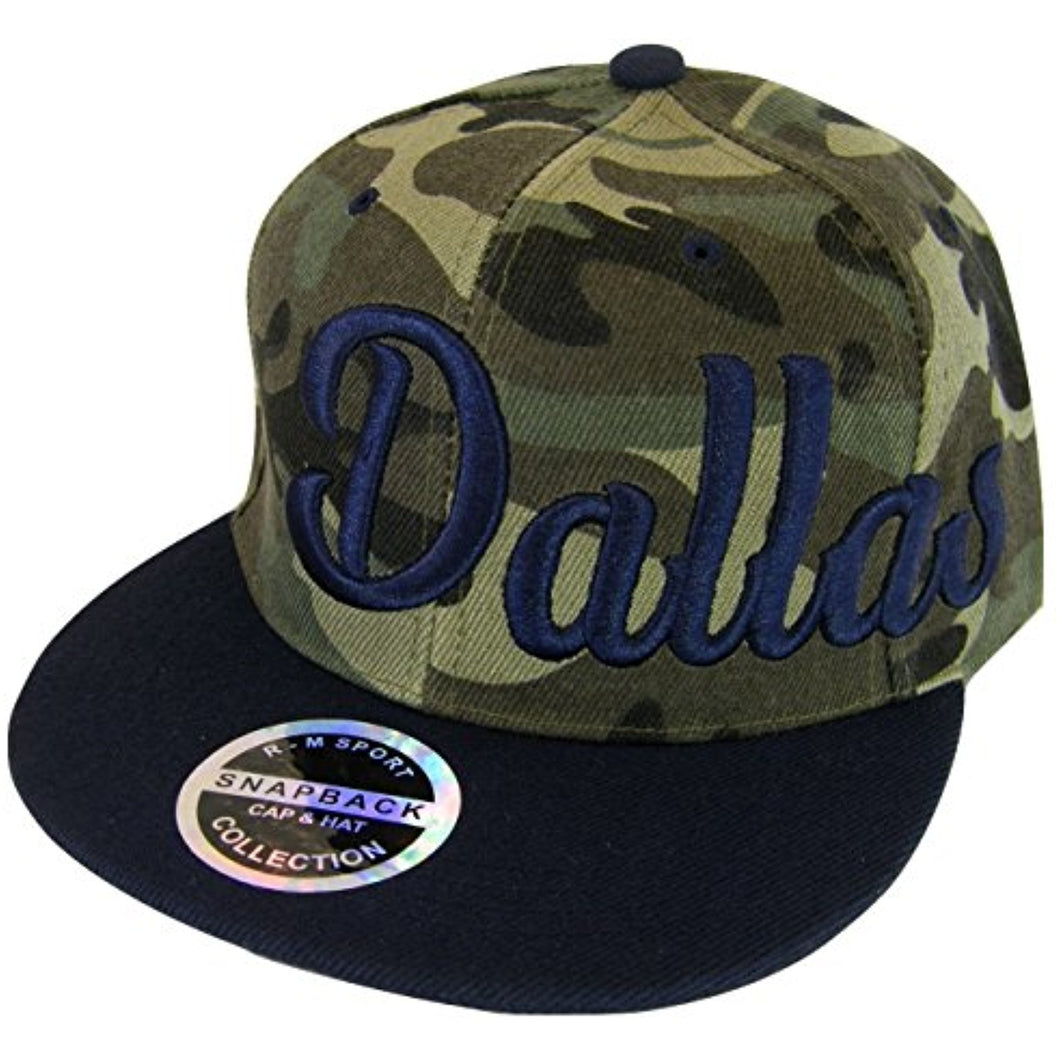 Dallas Men's Offset Cursive Script Adjustable Snapback Baseball Cap (Camouflage/Navy)