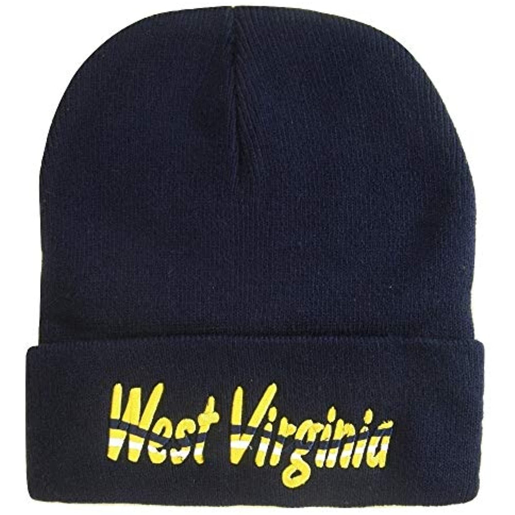 West Virginia Adult Size Wavy Script Winter Knit Beanie Hat (Dark Blue)