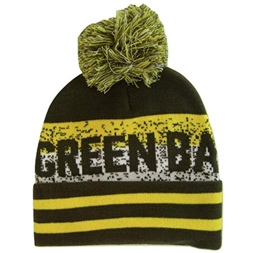 Green Bay Pixelated Adult Size Winter Knit Pom Beanie Hat (Dark Green/Gold)