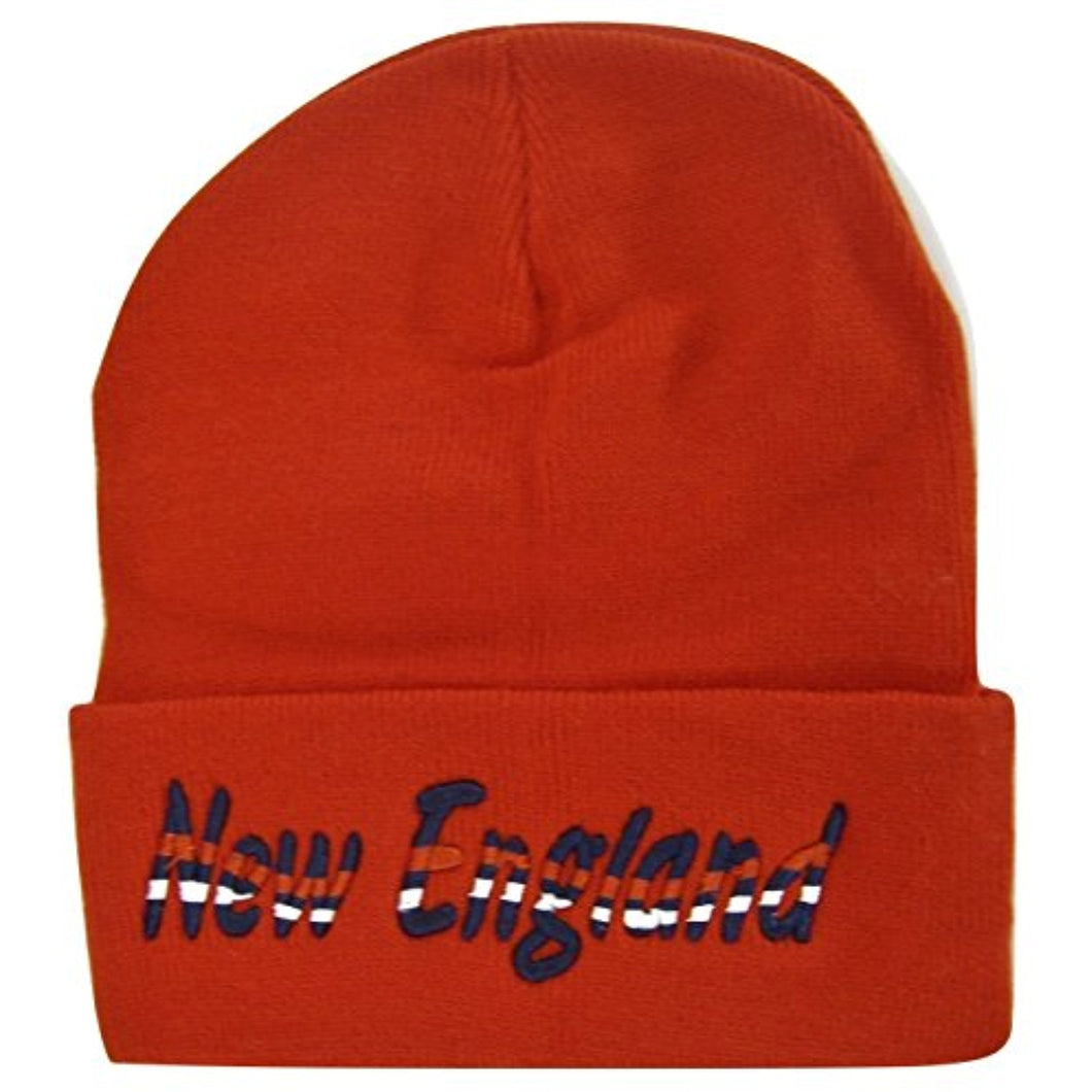 New England Adult Size Wavy Script Winter Knit Beanie Hat (Red)