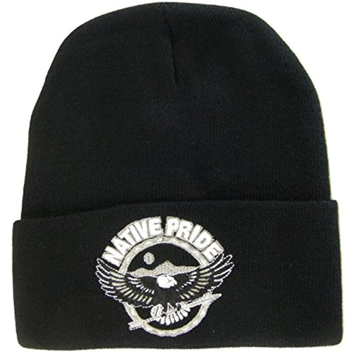 Native Pride Cuffed Knit Black Winter Hat Beanie (Eagle)