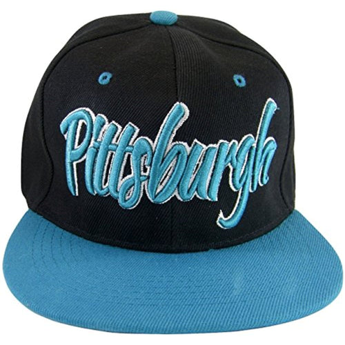 Pittsburgh Cursive Script Men's Adjustable Snapback Baseball Caps (Black/Teal)