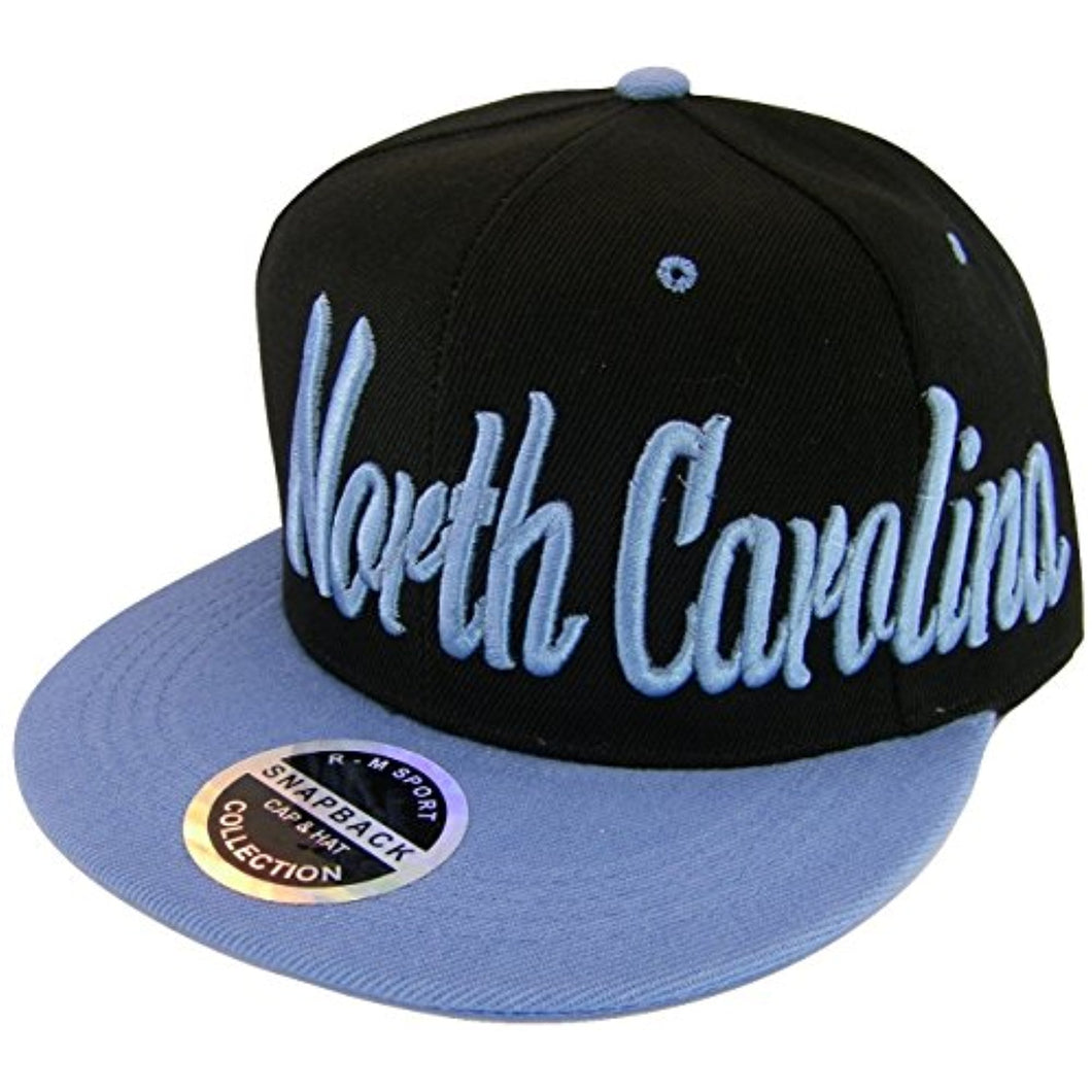 North Carolina Men's Offset Cursive Script Adjustable Snapback Baseball Cap (Black/Light Blue)