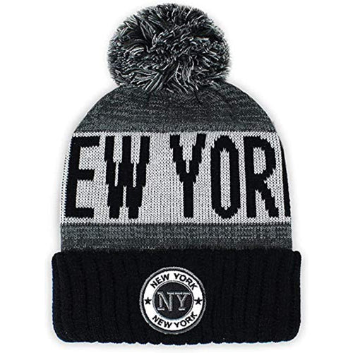 New York Men's Winter Knit Landmark Patch Pom Beanie (Black/Light Gray)