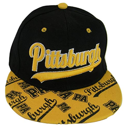 Pittsburgh Script Print on Bill Adjustable Snapback Baseball Cap (Black/Gold)