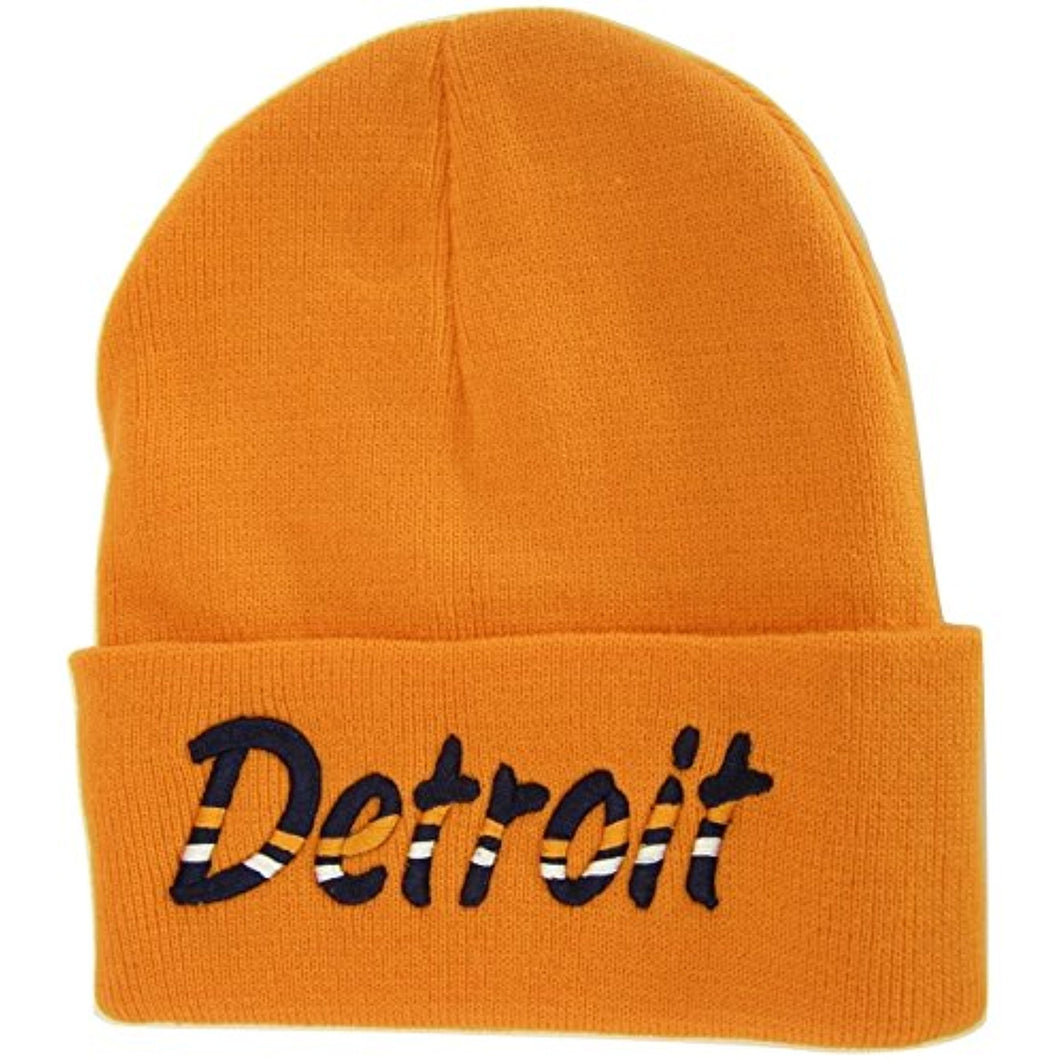 Detroit Adult Size Wavy Script Winter Knit Beanie Hat (Orange)