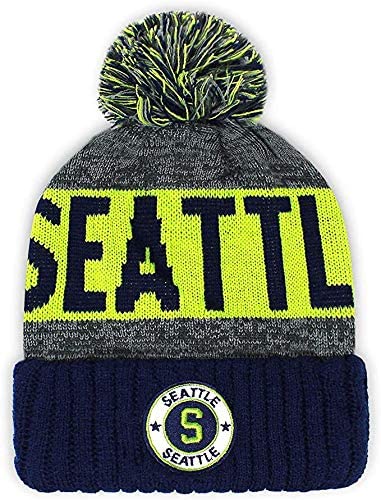 Seattle Men's Winter Knit Landmark Patch Pom Beanie (Navy/Lime)