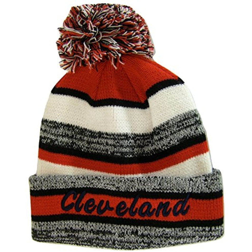 Cleveland 4-Color Embroidered Adult Size Thick Winter Knit Pom Beanie Hat (Navy Script)