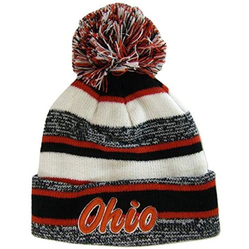 Ohio Embroidered Winter Knit Pom Beanie Hat (Black/Red/Red Script)