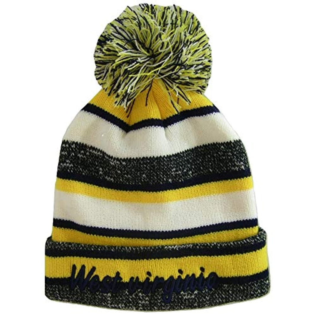 West Virginia Embroidered Winter Knit Pom Beanie Hat (Gold/Navy Script)