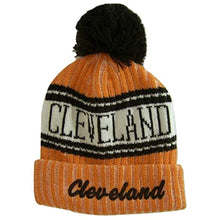 Cleveland Plush Lined Embroidered Winter Knit Pom Beanie Hat (Orange/Brown Script)