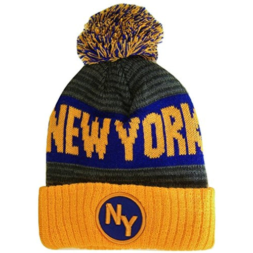 New York NY Patch Ribbed Cuff Knit Winter Hat Pom Beanie (Orange/Royal Patch)