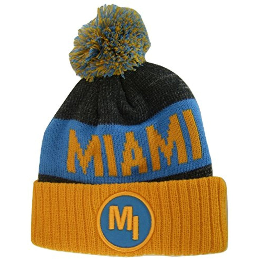 Miami MI Patch Ribbed Cuff Knit Winter Hat Pom Beanie (Orange/Aqua)