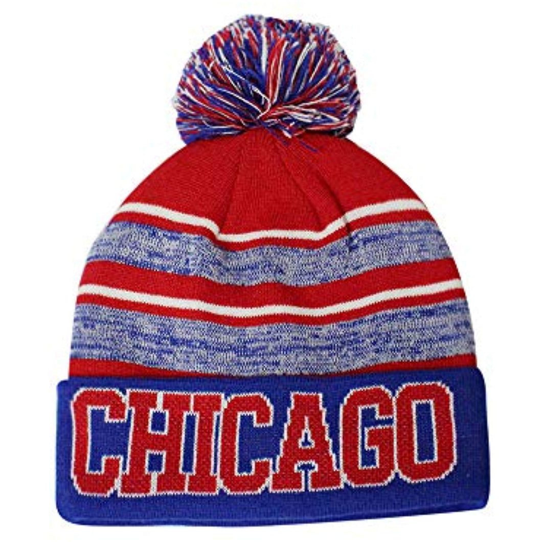 Chicago Men's Blended Stripe Winter Knit Pom Beanie Hat (Royal/Red)