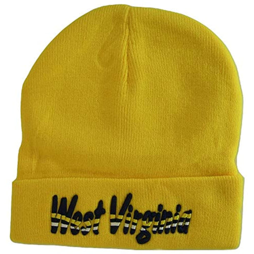 West Virginia Adult Size Wavy Script Winter Knit Beanie Hat (Gold)