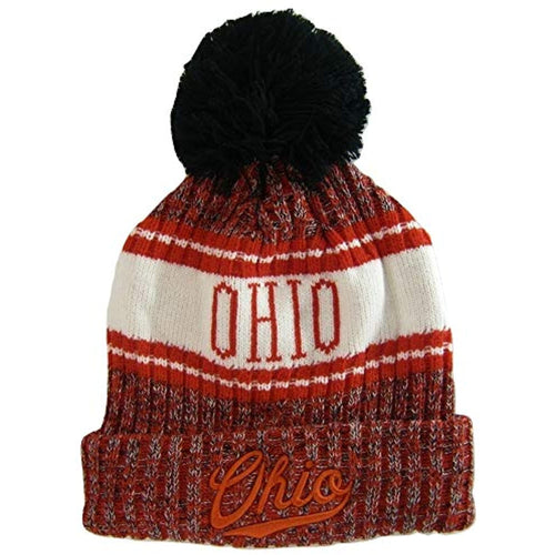 Ohio Plush Lined Embroidered Winter Knit Pom Beanie Hat (Red/Red Script)