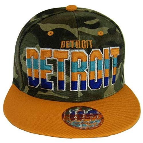 Detroit 4-Color Script Men's Adjustable Snapback Baseball Caps (OT Camo/Orange)