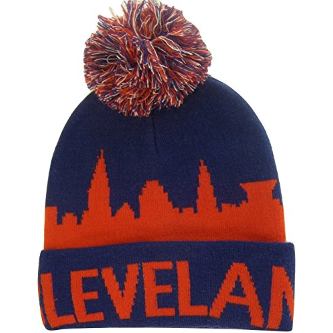 Cleveland Adult Size Winter Knit Beanie Hats (Navy/Red Skyline)