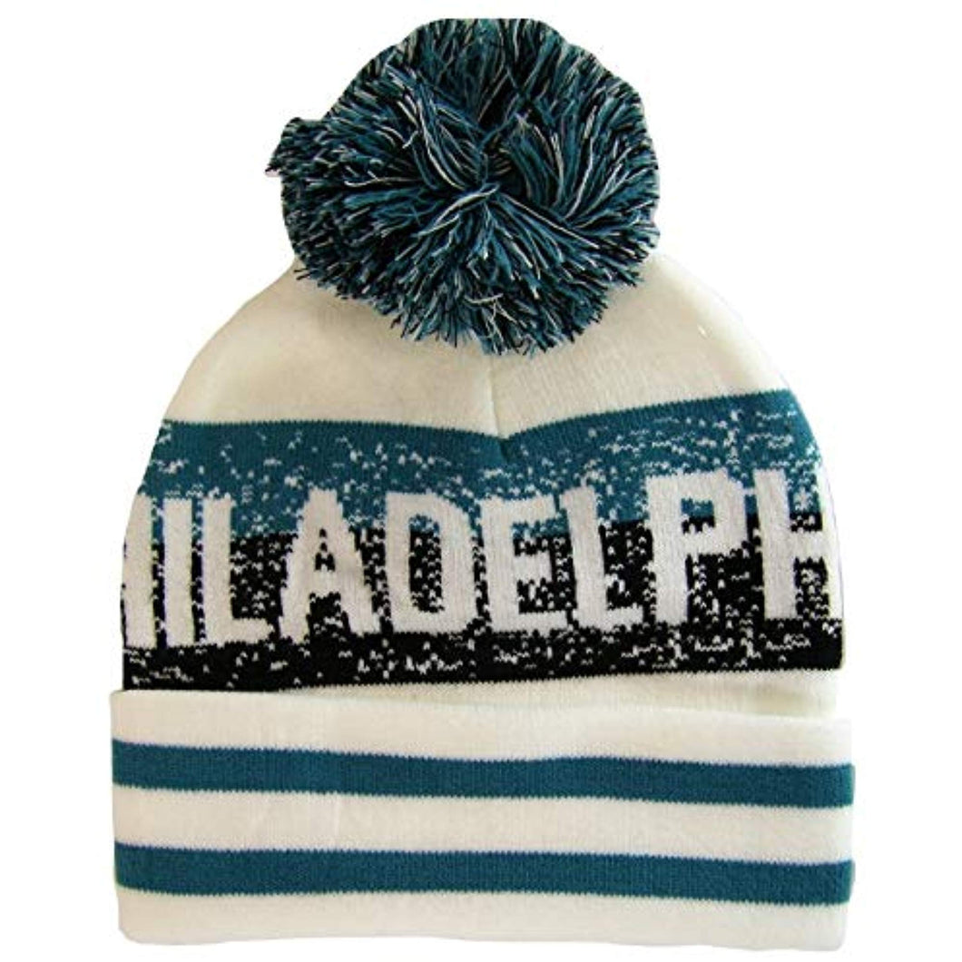 Philadelphia Pixelated Adult Size Winter Knit Pom Beanie Hat (Cream/Green)